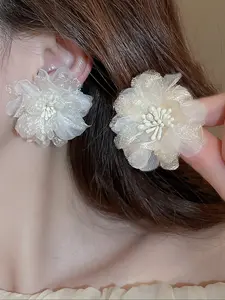 Elegant Sweet High-End Lace Mesh Petal Flower Stud Earrings for Women, Boho Style, Daily Wear, Vacation, Party, Holiday