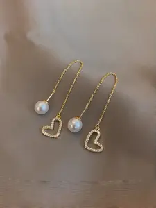 Elegant Heart-Shaped Faux Pearl Tassel Earrings, Alloy with Rhinestone Decor, Perfect for Women Daily Wear and Parties, Fashion Jewelry, High Quality Earrings