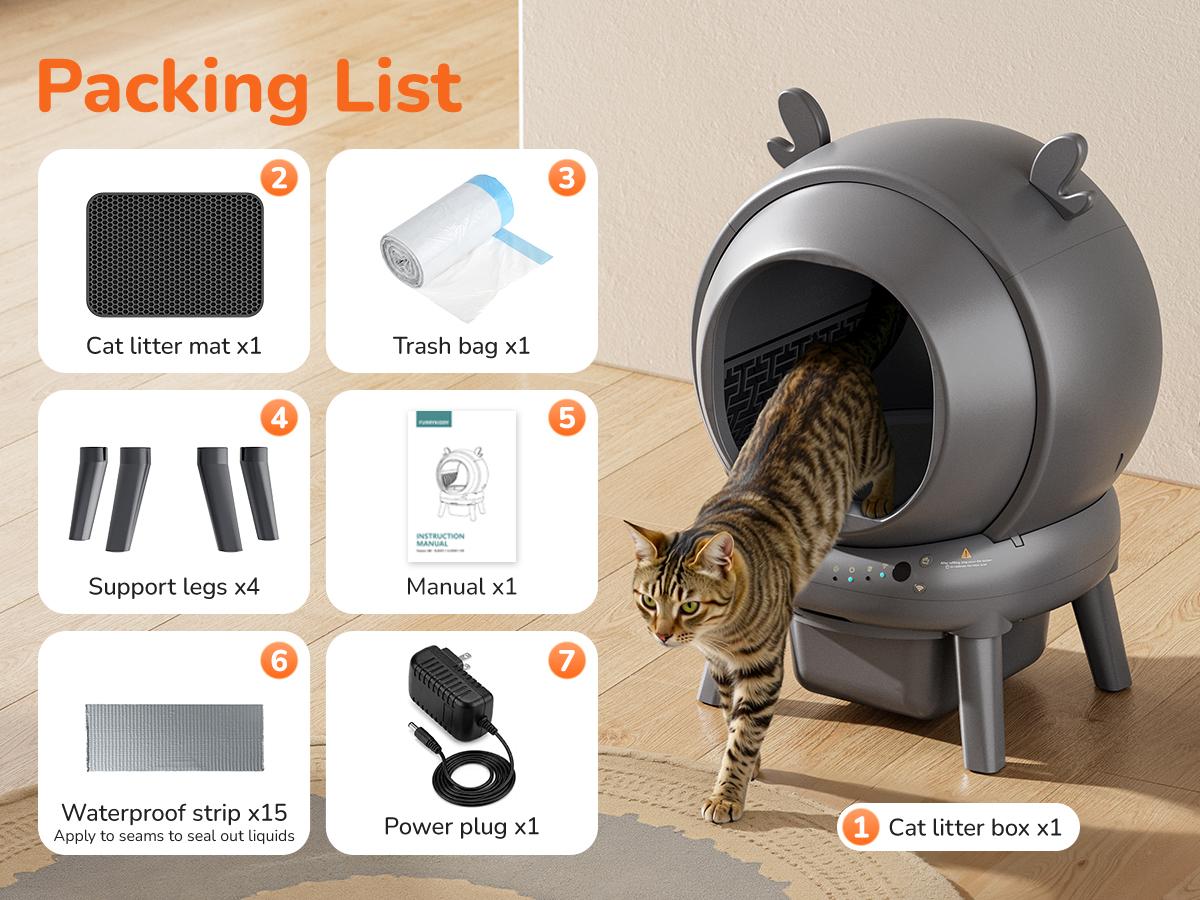 Furrykiddy Automatic Self Cleaning Litter Box, Cat Litter Box with APP Control, 65L Globe & Dual Safety Sensors, Robot Litter Box, 2 Roll Garbage Bags and Litter Mat, <35DB, for Multiple Cats
