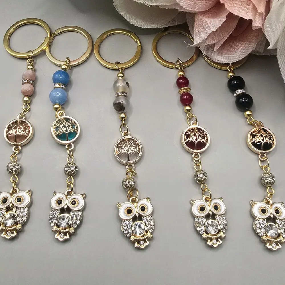 Handmade Owl Tree of Life Keychain with Natural Stones