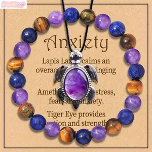2pcs Crystal Anxiety Relief Jewelry Set, Amethyst Lapis Lazuli And Tiger Eye Bracelet With Turtle Pendant Necklace, Sentimental Gift tiktokshopspringglowup