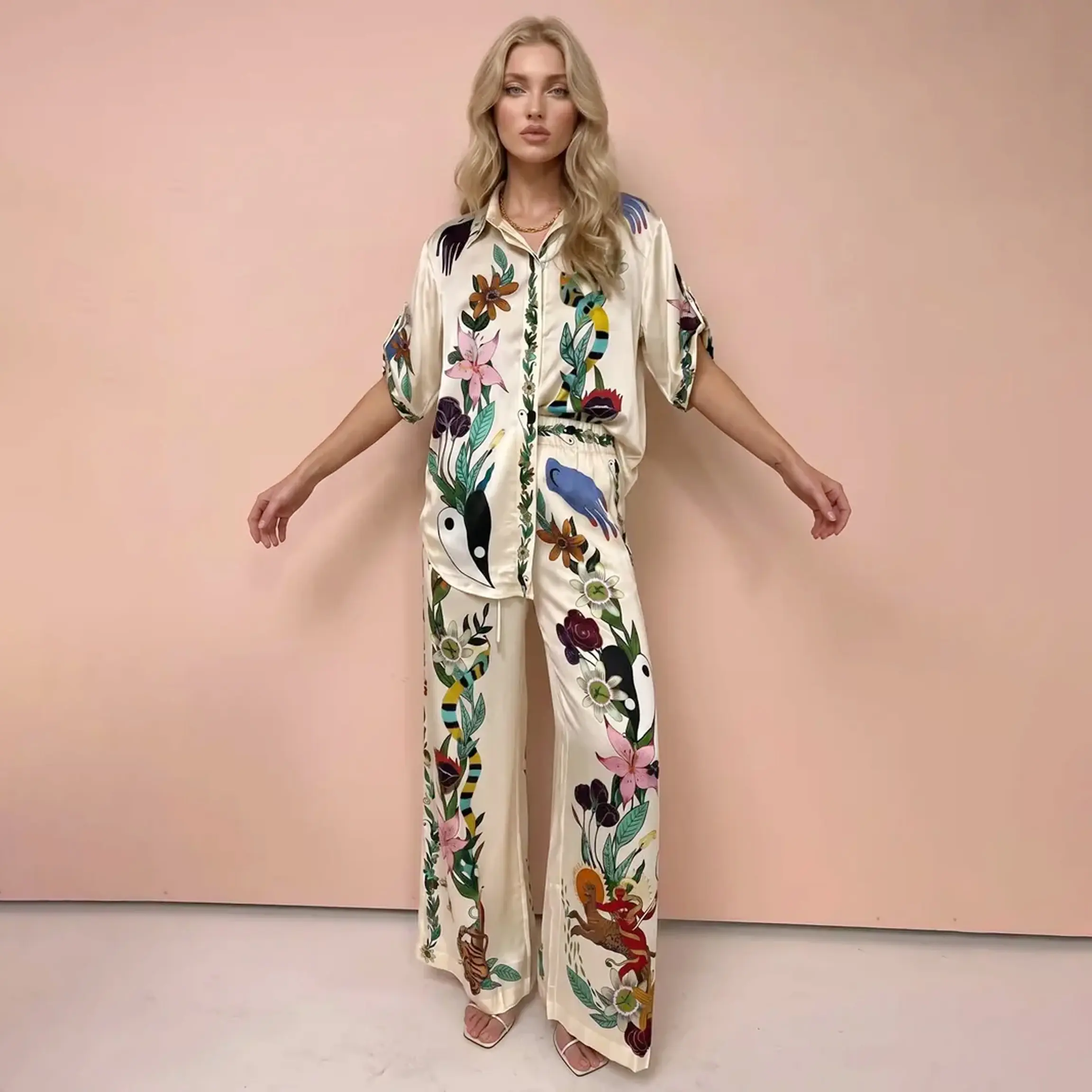 LikeMyChoice Boho Embroidered Eyelet Matching Set | Chic Short-Sleeve Button-Up Shirt & High-Waist Shorts | Euro Summer Vacation 2-Piece Outfit | Coastal Casual Lounge Set, Shortsleeve, Floral