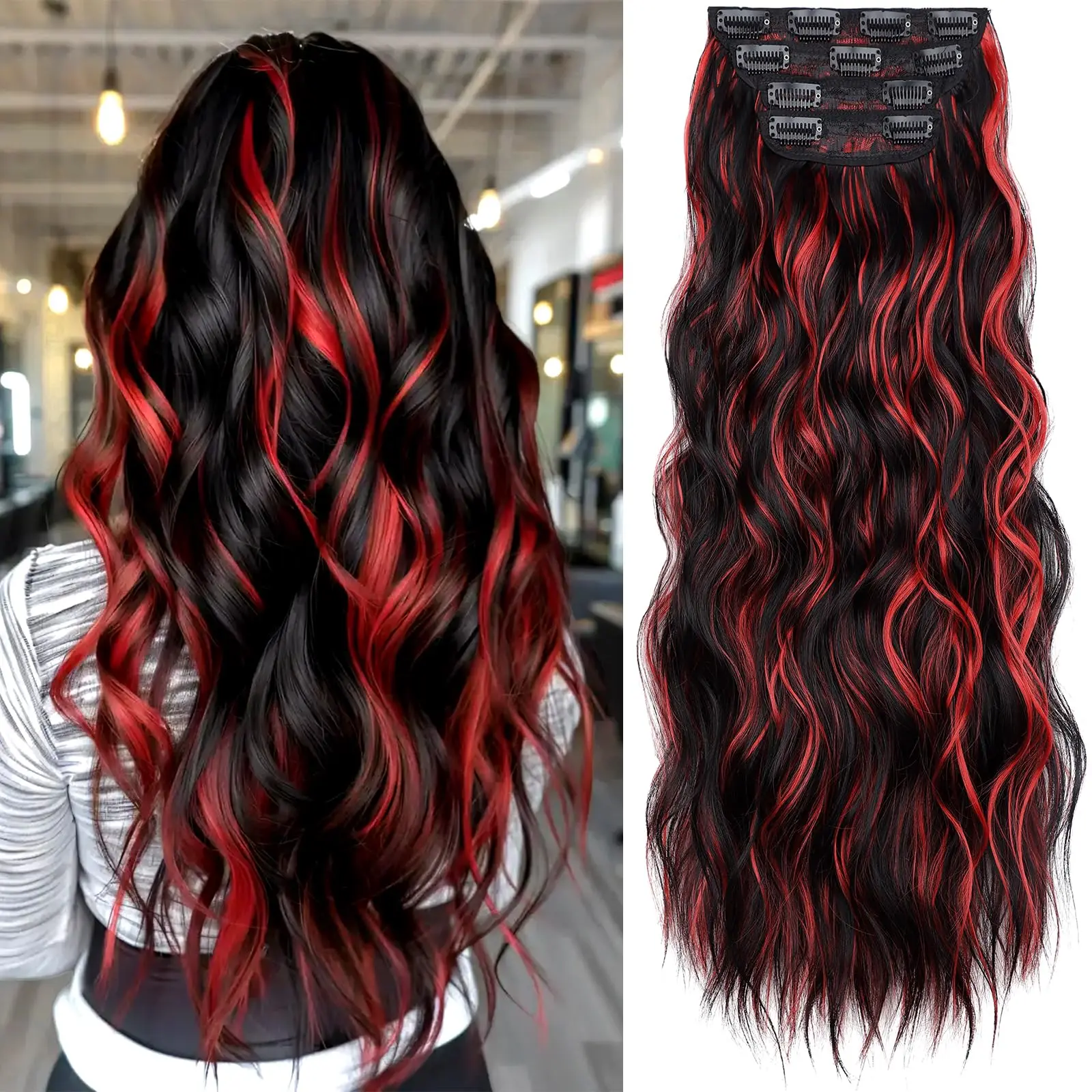 Women's Clip-On Synthetic Hair Extensions, Mixed High Gloss Color, Long Wavy Thick Patch, 20 Inches for Women, Clip Ins, Synthetic Clip Hairpiece, Synthetic Hairpieces