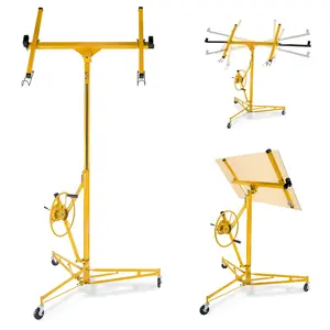 Garvee Drywall Lift 16FT, 150lb Capacity Heavy Duty Sheetrock Hoist w/Telescopic Arm & Locking Wheels, Steel Panel Lifter for Ceiling, Construction, One-Person Drywall Installation