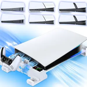 PS5/Slim/Pro Horizontal Stand with Cooling Fan & Charger for Original & Edge Controllers, Scalable Design PS5 Accessories Base with EVA Foams for All PS5 Disc & Digital, PS5 Sideways Stand, Game Peripherals Made for Gaming