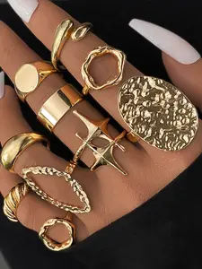 Geometric Metal Wind Lava Line Ring Set, 10 Piece Exaggerated Style Open Rings for Women, Exquisite Trendy Statement Rings, Unique Design Fashion Jewelry Accessories, Elegant Exaggerated Ring