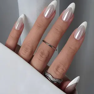 24pcs New Press-On False Nails, French Tip Nail Art, Glossy Finish, Classic Edge Fashion European Style, Round Almond Shape, Easy to Apply Long Lasting Reusable