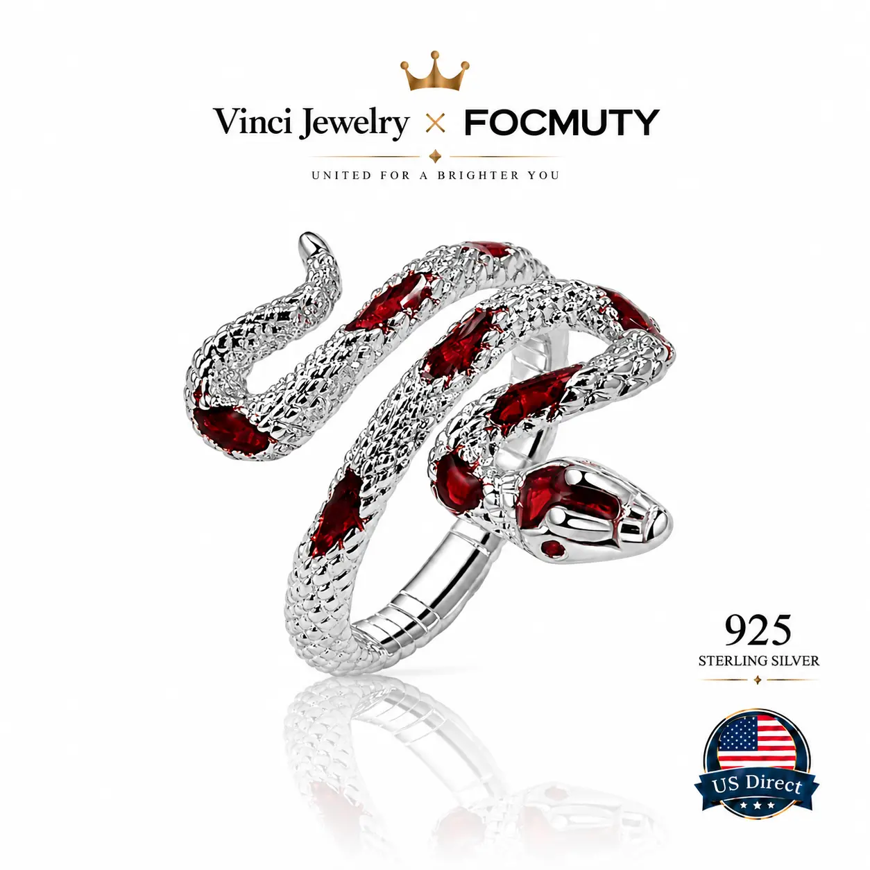 FOCMUTY 925 Funky Snake Ring with Serpent Design, Bold Synthetic Ruby and Emerald Jewelry for Women&Men, Trendy Men's Ring, Unisex Thumb Ring, Ideal Gift for Him or Her, Valentine's Day, Birthday Gift, Daily Wear and Party Jewlery