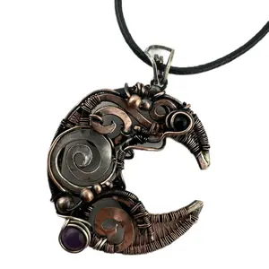 Handcrafted Wire Wrapped Crescent Moon Pendant with Amethyst and black Onyx Accents