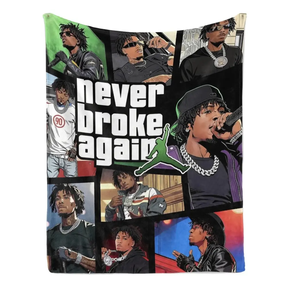 Never Broke Again Collage Flannel Blanket - Hip-Hop Throw with YoungBoy Collage, Brand Logo, Ultra-Soft, Cozy, Ideal for Rap Fans, Bedroom Decor
