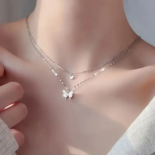 Shiny Butterfly & Rhinestone Decor Layered Necklace, Clavicle Chain Butterfly Charm Pendant, Butterfly Necklace, Silver & Gold Ideal Gift for Women