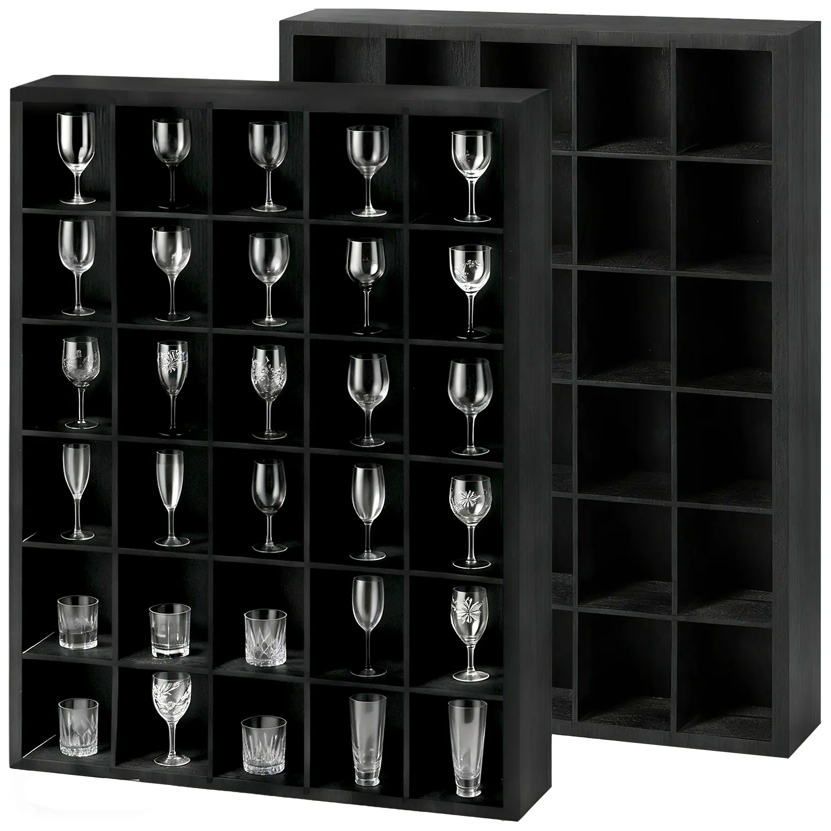 Set Of 2 Shot Glass Display Case Wall Mounted Wooden Shadow Box Frame 30 Slots Cabinet With Removable Shelves Storage Organizer For Action Figures Mini Perfume Crystals Rocks Collectibles Home Bar Kitchen Man Cave Decor Matte Black