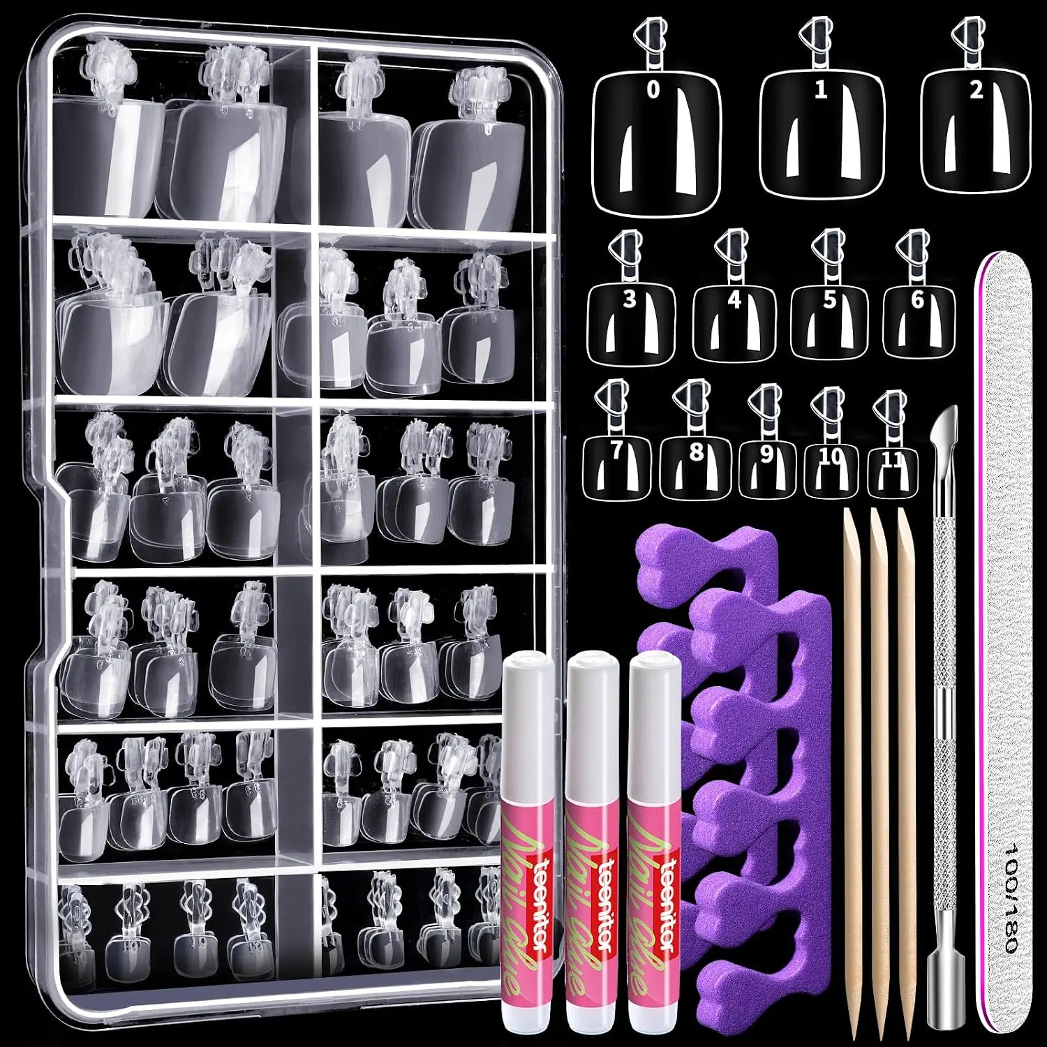 120PCS Clear False Toenail Tips Kit, Beauty Products with 3 Nail Glues, Sponge Toe Separator, 100-180 Grit Nail File, Stainless Steel Cuticle Pusher & 3 Wooden Sticks