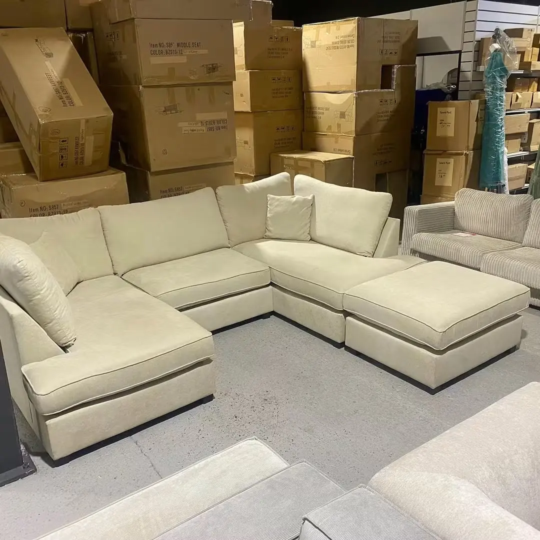 U-Shape Corner Sofa with Footstool, Beige Boucle