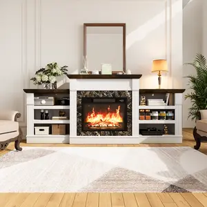 Fireplace TV Stand for TVs 80 Inch, Electric Fireplace with Mantel, Farmhouse Entertainment Center with Storage, Realistic Stacked Stone Surround and 3D Flame Effect for Living Room