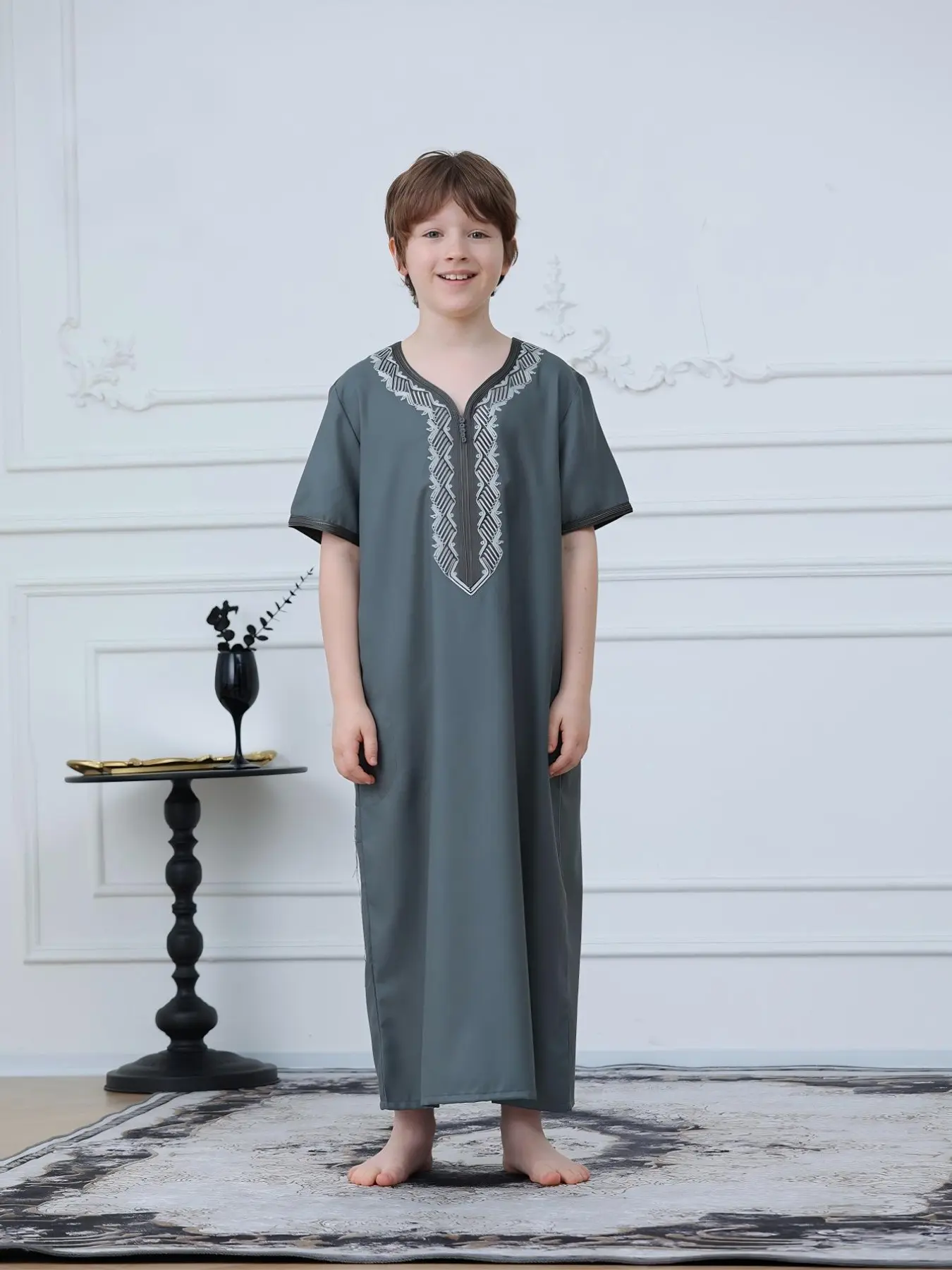 Boys' Short Sleeve Embroidered Thobe Robe, Kids Clothing, Loose Fit Moroccan Style, Casual, Tunic, Long Length, Modest Fashion, All Seasons Wear, Modesty