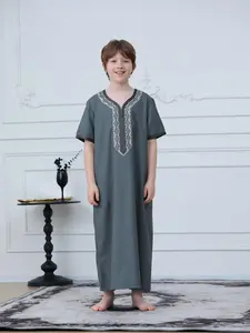 Boys' Short Sleeve Embroidered Thobe Robe, Kids Clothing, Loose Fit Moroccan Style, Long Length, Modest Fashion, All Seasons Wear