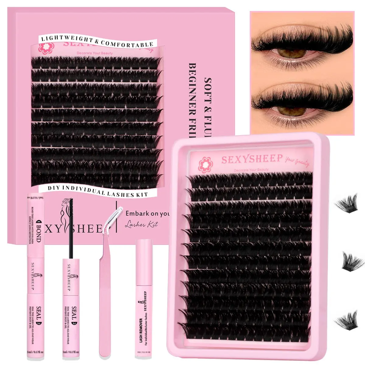 DIY Volume Lash Clusters Cosmetic Kit ,30D-300D  DIY Lash Extension Makeup Kit D CURL, Fluffy False Eyelashes Extensions,with Lash Bond, Eyelash Adhesive and Seal Tweezers, Eye Corner Eyelashes, Eyelash Extension Set