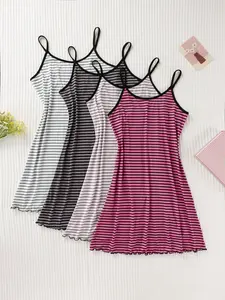 Women's Striped Print Sleepwear Set, Sexy Fitted Spaghetti Strap Short Dress Design, All-Season Comfortable Night Wear, Pack of Four, Loungewear