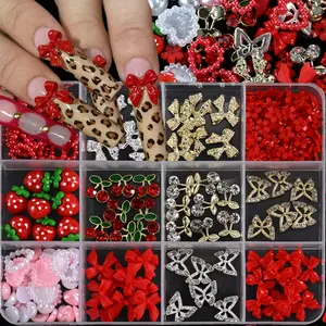 12 Grids 3D Mixed Bow Nail Charms Red Resin Bows Strawberry Pearl Love Heart Nail Art Shiny Alloy Butterfly Cherry Nail Supplies
