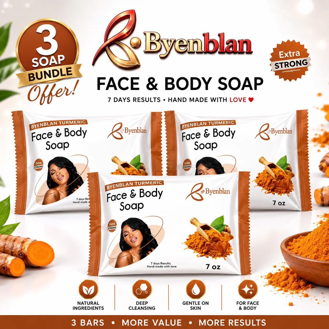 Mayouyou 3-Piece Byenblan Turmeric Face and Body Soap Set, Natural Cleansing Soap for Bath & Shower (Beauty & Personal Care)