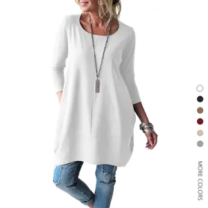 Danedvi Women's Long-Sleeve Plain Cotton-Polyester Tunic Top - Minimalist Round Neck Fall Blouse, Loose Fit Dressy Casual Wear Shirt (Pair with Leggings)