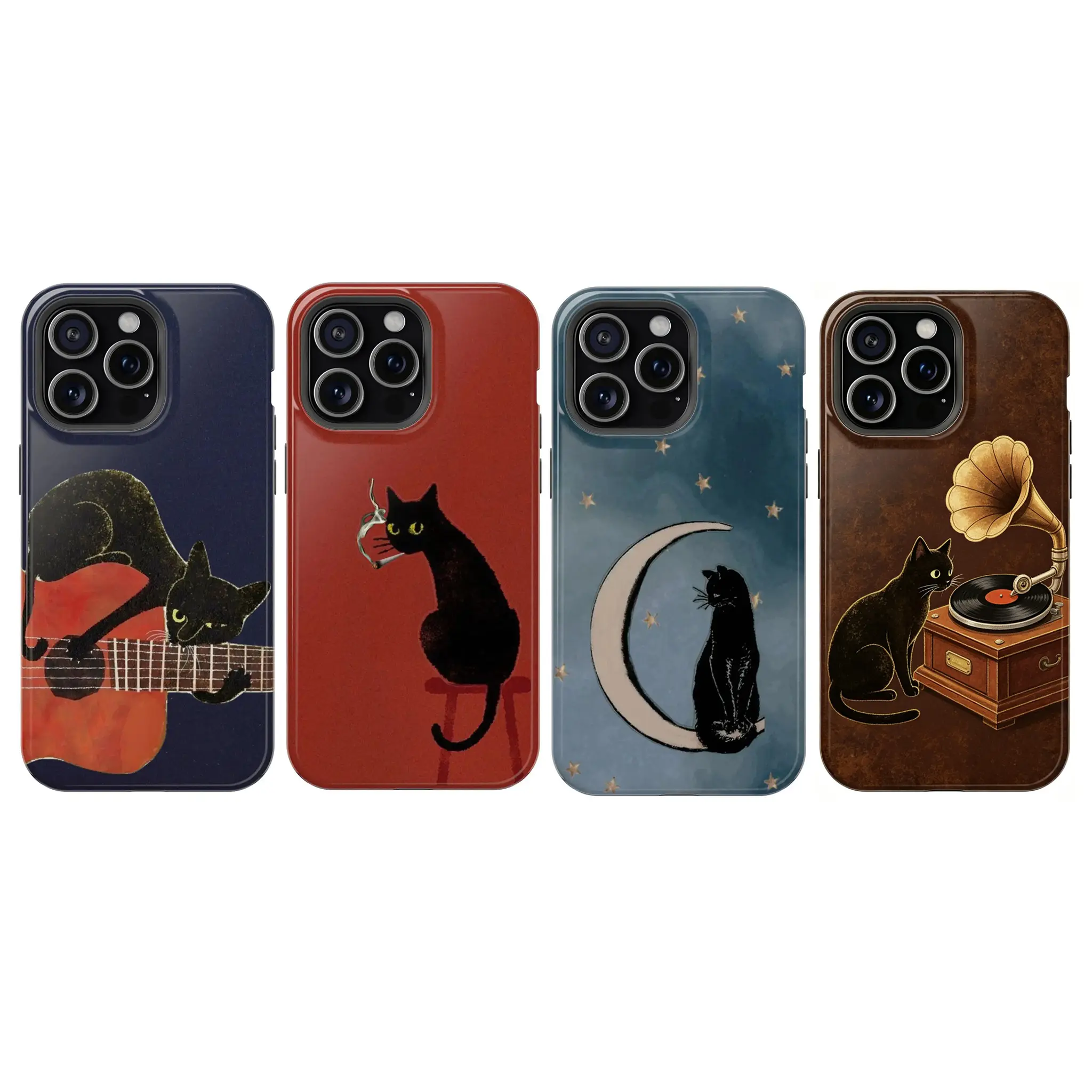 Vintage Black Cat Shockproof Protective Casing - Sturdy Plastic PC Dual-Layer Glossy Hard Cover, Full-Wrap Shock-Absorbent Wireless-Friendly Shell, Durable Accessory for Various Phones (iPhone 11-17 Pro Max X XS, Galaxy S22-S26 Ultra)