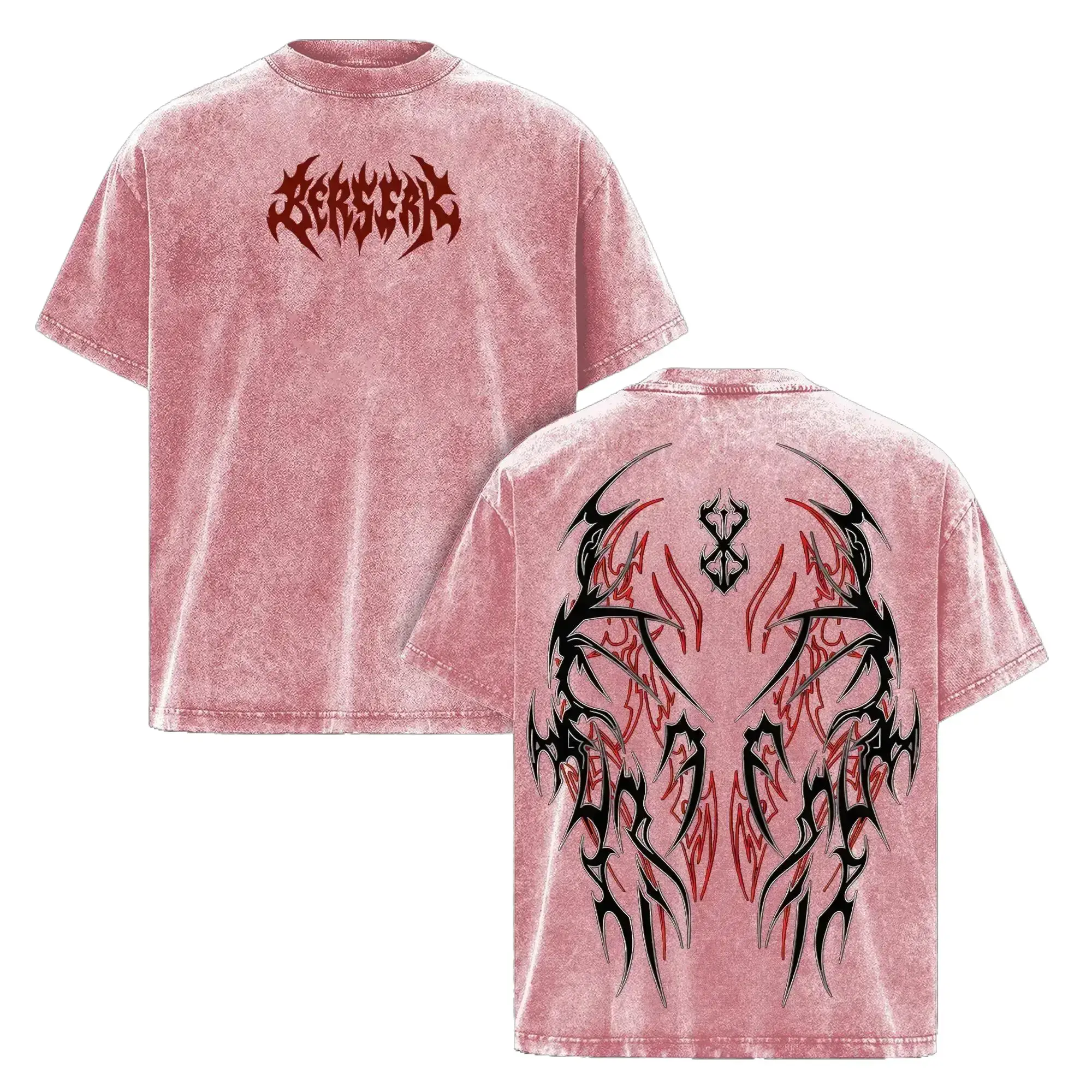 Women's Guts Berserk Anime Crew Neck Graphic Print Heavy Cotton Oversized Double-Sided Pump Cover Tee, Vintage Washed Black Swordsman Manga Streetwear Gym Workout Unisex Tops