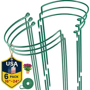 6 Pack  Support Stakes - Tall  Stakes for Indoor and Outdoor Gardens - Peony Cages and Supports - Cage Rings for Potted , Peony, Hydrangea, and Rose Bush (10" W x 16" - 24" H)