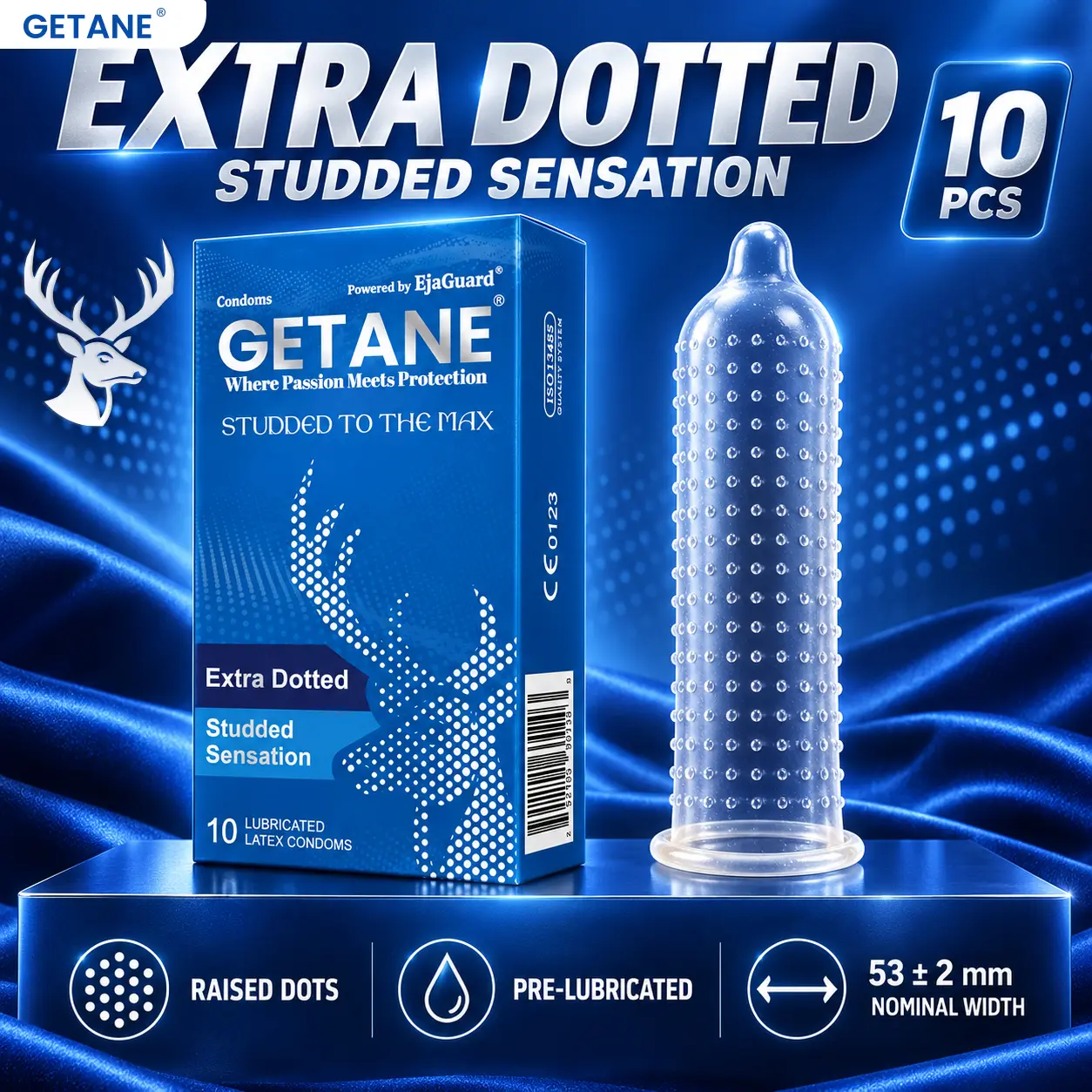 GETANE Extra Dotted Texture Lubricated Condoms, Comfortable Condoms for Men and Women, Premium Natural Latex, 10 Count Pack, Smooth Protection for Couples, GETANE For Him 10pc 10pc