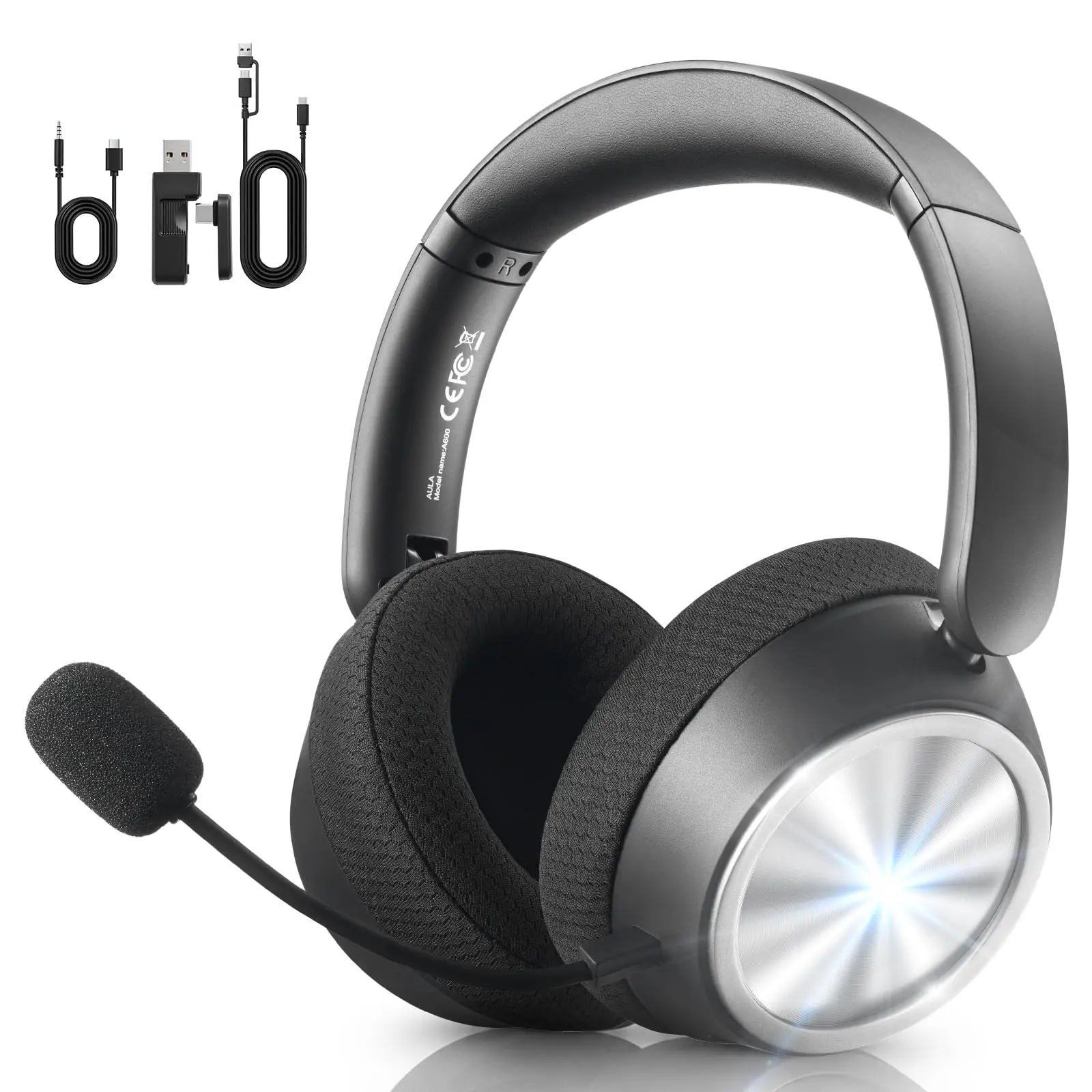 AULA A600 Gaming Headset Wireless Gaming Headset with Mic Over Ear Headphones Noise Cancelling 13Ms Latency,110H Battery,4-in-1 Connection,Foldable,Black Bluetooth Headset Headphones for PS5,Xbox,PC,PS4,Mac,Switch,Mobile