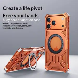 For iPhone 17 Pro Max magnetic aluminum alloy phone case, 360 ° rotating ring bracket, invisible bracket bracket cover, metal hollow high-efficiency heat dissipation box
