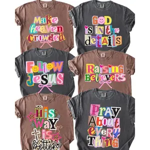 Preppy Christian Collage Y2K Washed Vintage 260g Shirt Faith Inspired Retro Coquette Positivity Tee 100% Combed Cotton Classic Crew Neck Relaxed Fit Trendy Ransom Letter Typography Womenswear Day Tshirt Garment-dyed Pill-Free Fade-Friendly Boxy Top, Short