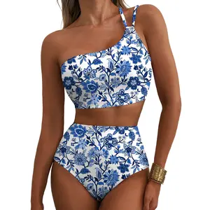 Aleumdr Women's High Waisted Bikini Sets One Shoulder Floral Print Swimsuits 2 Piece Tummy Control Bathing Suits SpringStatements