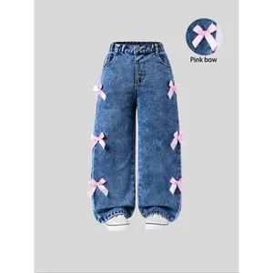 Cute Bow Wide Leg Jeans for Girls, Comfortable Casual Fashion Denim Jeans, Perfect for Daily Wear and Outings, Loose Jeans Trousers