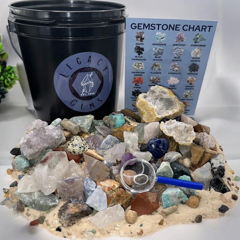 Gem Mining Bucket - 1 Gallon Bucket - 10-12 lbs Total - Over 18 Different Types of Natural Crystals including Pyrite and Desert Rose