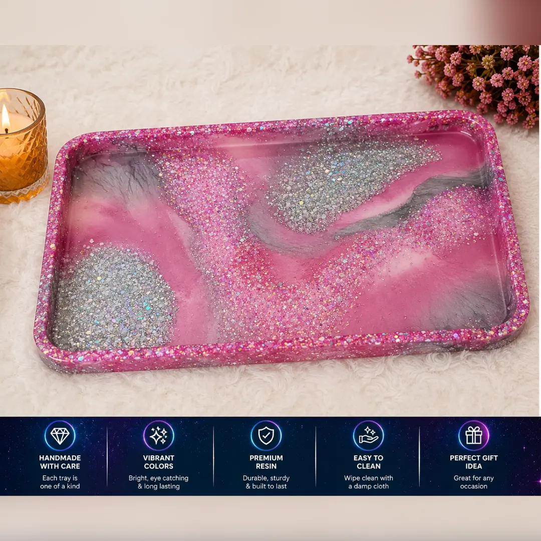 Pink & Silver Glitter Resin Tray | Handmade Jewelry Organizer | Decorative Vanity Catchall | Glam Home Décor | 10" x 6"