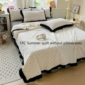 Summer Lightweight Floral Edge Quilt, Polka Dot Print and Romantic Ruffle Design, Breathable Soft 100% Polyester, Queen Size Bedding