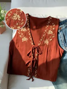 Vintage Caramel Color Sleeveless Vest, Elegant Floral Embroidery V-Neck Tie Top, Loose Fit Slimming Vacation Style Outerwear for Women