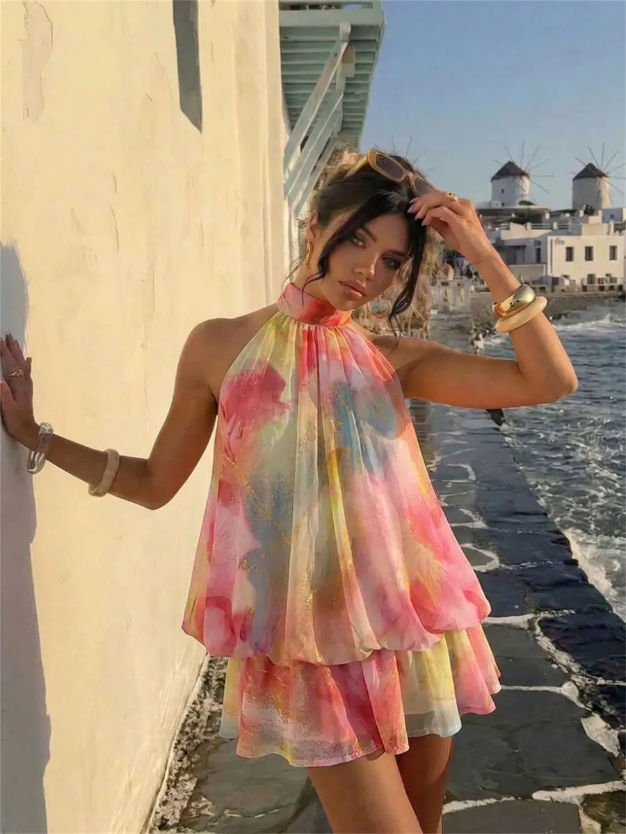 Yellow Tropical Floral Halter Mini Dress for Women Boho Beach Vacation Summer Outfit