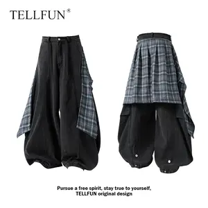 Grunge Aesthetic Plaid Patchwork Baggy Jeans - Unisex Streetwear Loose Fit Barrel Pants - Cyber Y2K Oversized Denim Trousers