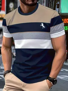 Men's Casual Polyester T-Shirt, Lightweight Outdoor Commute Vacation Wear, All-Season Comfort, Striped Round Neck Tee