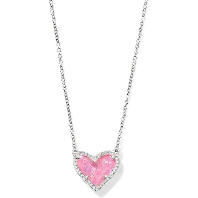 Kendra Scott Ari Heart Silver Pendant Necklace in Pink Iridescent 9608881061, Fashion Necklace, Glitter, Lobster Clasp