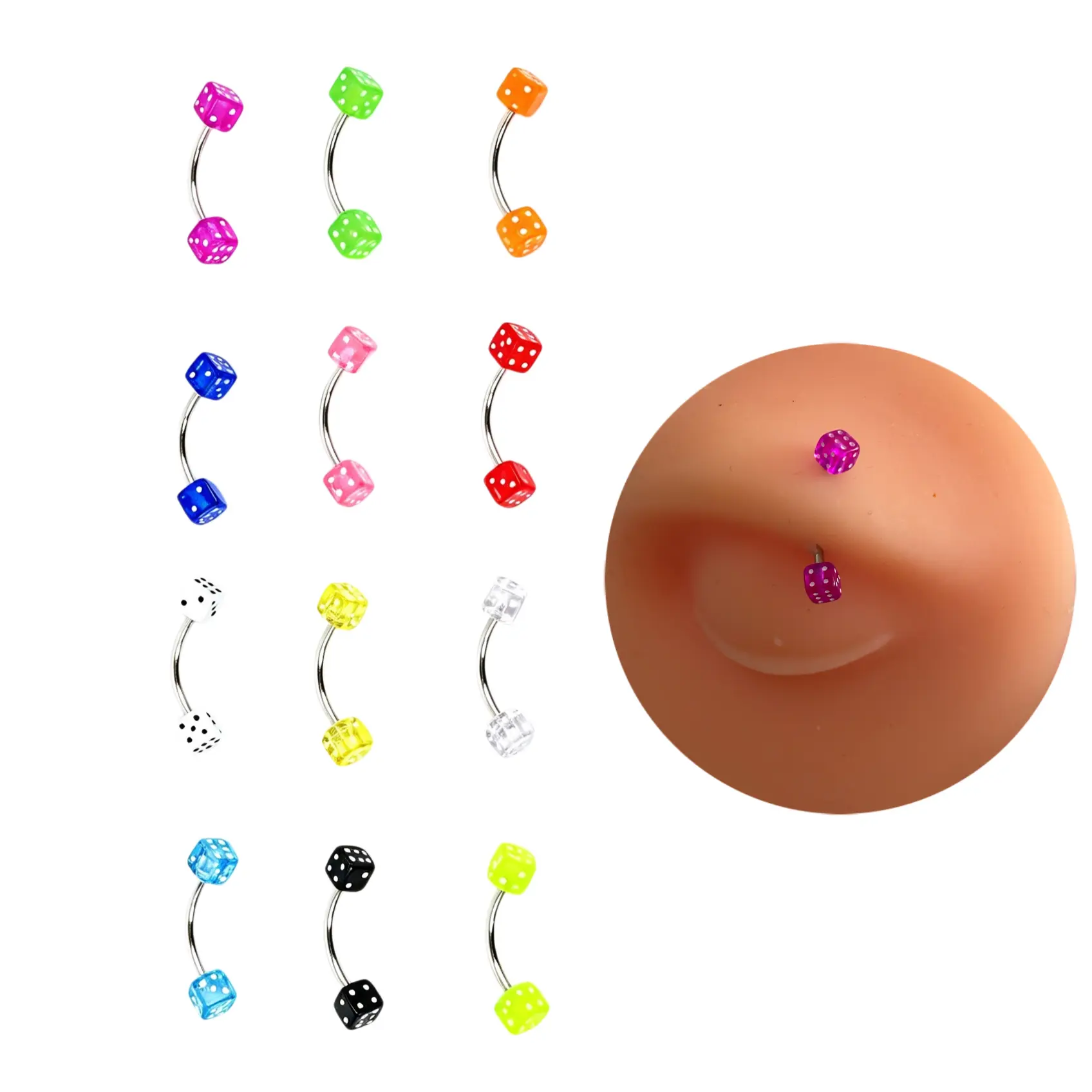12pcs 16G 8mm Acrylic Stainless Steel Eyebrow Piercings Rook Piercings Lip Piercings Set Dice Rook External Thread Piercings Set 316L