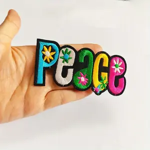 4pcs Vibrant "PEACE" Letter Embroidered Patches with Floral Accents, Colorful Applique for Clothing, Shoes, Hats, Bags & Socks - Cartoon Fantasy Theme, Hot Melt Glue, Fabric Patches