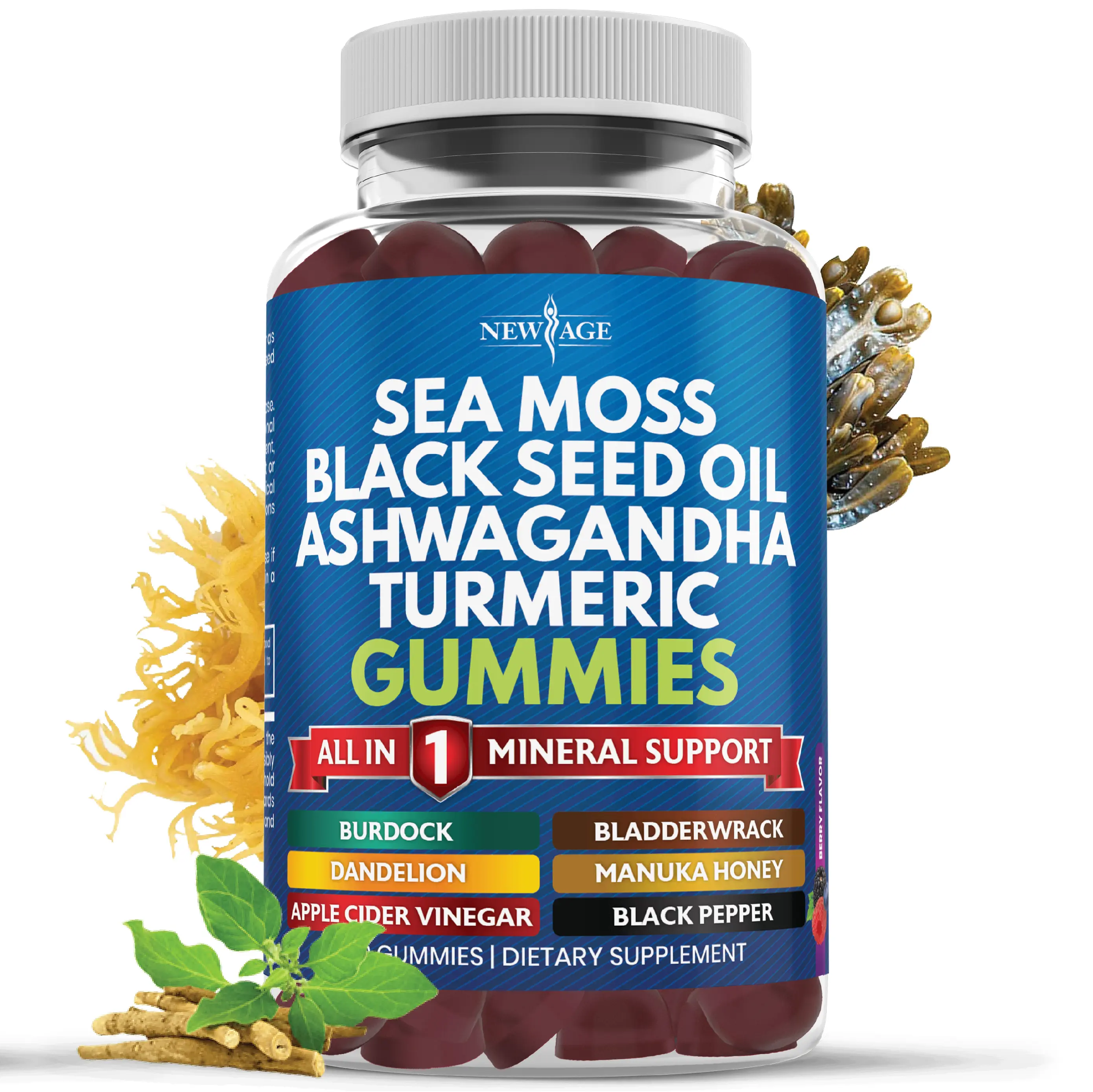 Sea Moss Gummies - Sea Moss, Black Seed, Ashwagandha, Turmeric, Manuka Honey, ACV, Dandelion, Black Pepper, Burdock, Bladderwrack, Vegan
