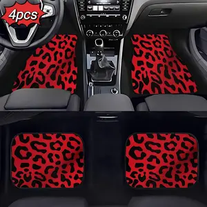 4pcs Fashionable Red Leopard Print Car Floor Mats, Polyester, Absorbent, Non-slip, Washable, Fashionable Vehicle Floor Protection Carpet, Suitable for All Models, Truck Floor Mats, Perfect Christmas Gift, Automotive Floor Mats, Car Accessories