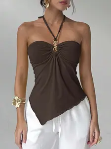 [ANDAREY] Women's Summer Fashion Solid Color Asymmetric Hem Backless Halter Top,Halter Top Summer Summer Dress Summer Dresses For Women Summer Outfits Summer Clothes Summer Outfits For Women Summer Holiday Outfits Summer Top