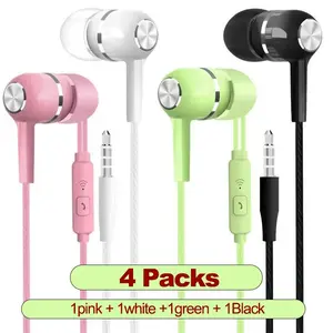 4pcs of mixed-color color-coated wired headphones, in pastel colors, wired microphone headphones with ear tips, HiFi stereo sound, strong bass, 3.5mm jack connector