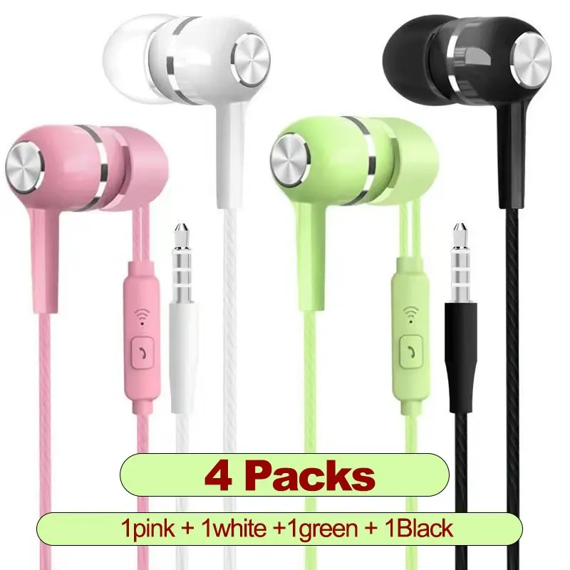 4pcs of mixed-color color-coated wired headphones, in pastel colors, wired microphone headphones with ear tips, HiFi stereo sound, strong bass, 3.5mm jack connector, Ear Buds Wired, Audio Headphones